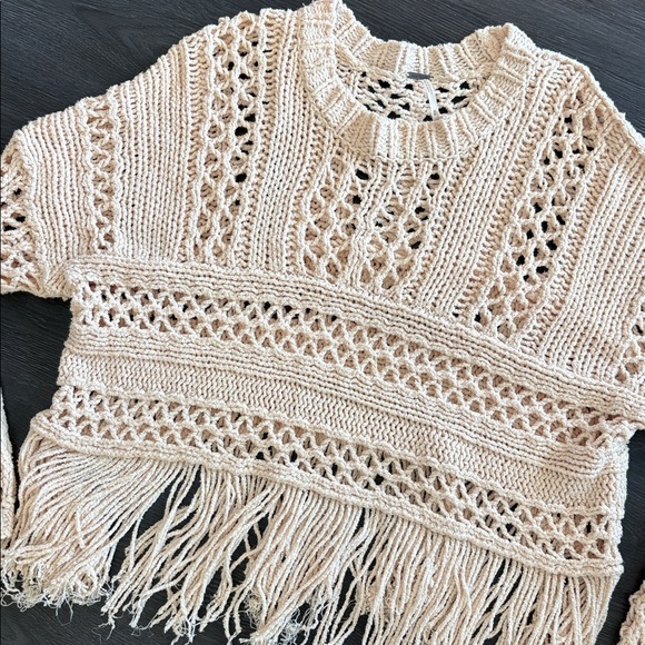 Free People higher love medium Open-Knit Fringe Crochet Sweater in Cream - Picture 3 of 7